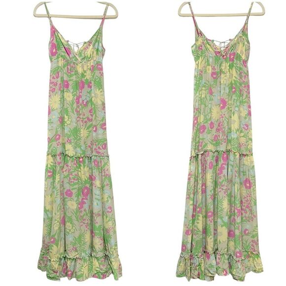 Women’s Silk Floral Maxi Dress with Spaghetti Straps 0 Tropical Colorful - Picture 1 of 10